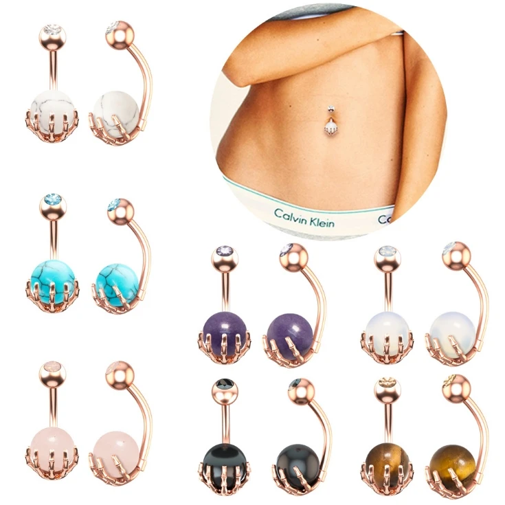 

Fast delivery 316 surgical stainless steel skull hand navel piercing custom belly button ring with natural stone ball