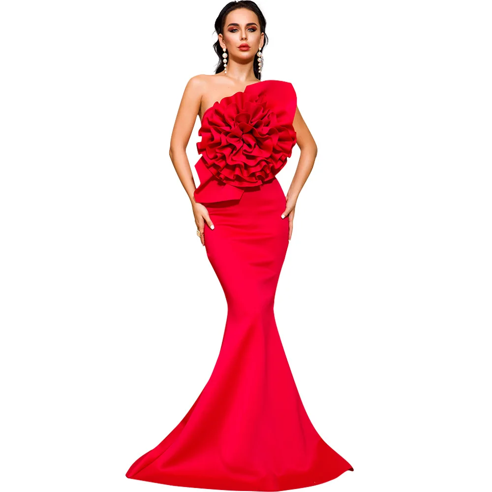 

Wholesale autumn 2021 new solid color floor length evening party dress strapless mermaid evening gown, White and red