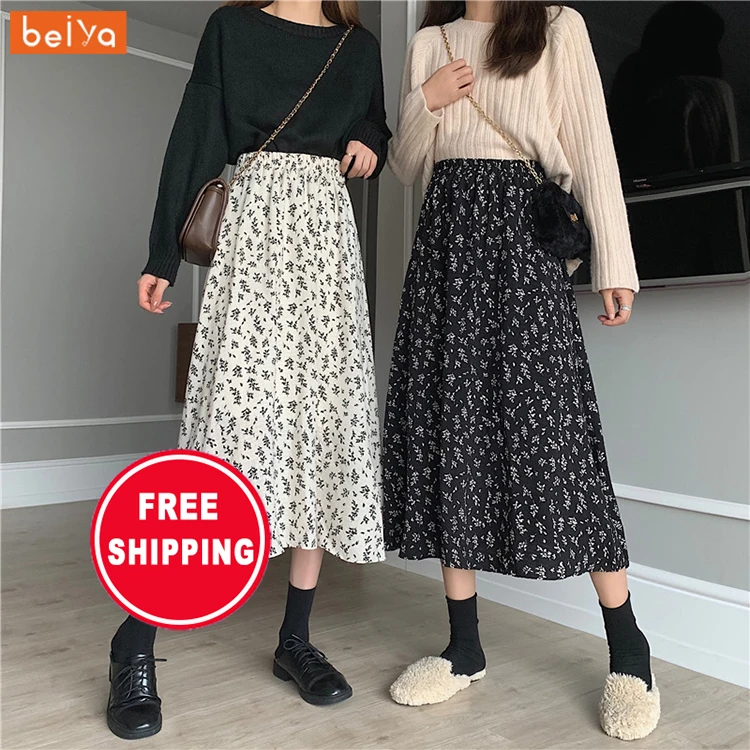 

Factory Direct Sale New Arrivals Elastic Waist Floral Print Long Skirt, White,black