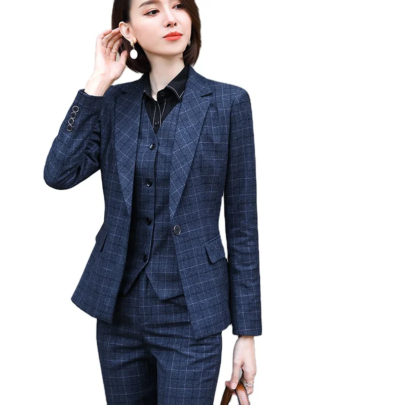 

OEM High-quality Soft Comfortable 3 Piece Suits Set Plaid Formal Pant Suit Blazer Office Lady Uniform Women Jacket and Trouser, Blue