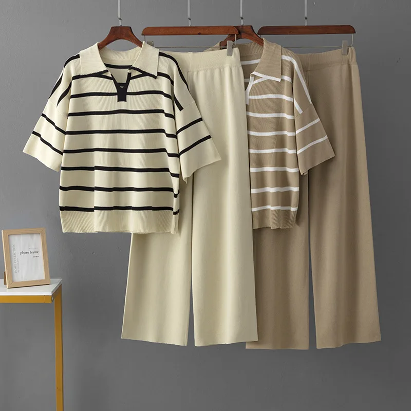 Boutique Wholesale 2026 Autumn New Fashion Stripe Polo Neck Casual Loose Knitted Wide Leg Pants Women's Set