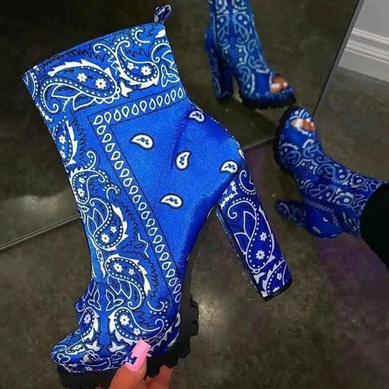 

Wholesale bulk China blue designer paisley bandana pattern block heels boots for women booties, White,black,,orange,blue,brown