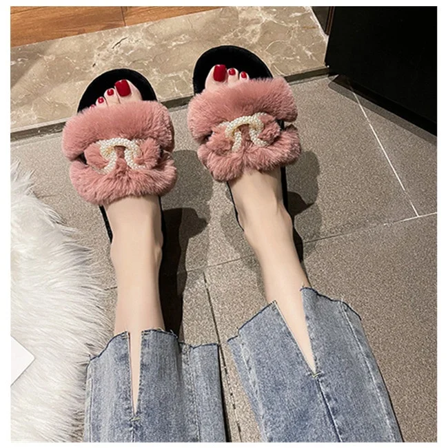 

Hot Sale Pearl Chain Furry Women Hot Pink House Slippers Plush Fluffy Platform Flat Ladies Slides Fur Sandals for Women, Pink blue black beige