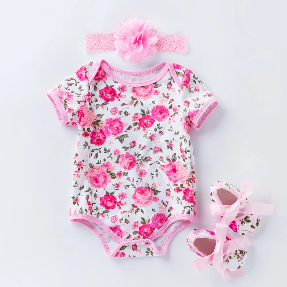 

Newborn baby girls' clothing sets cotton 3pcs baby onesie rompers with headband and shoes floral baby clothes, Customized color