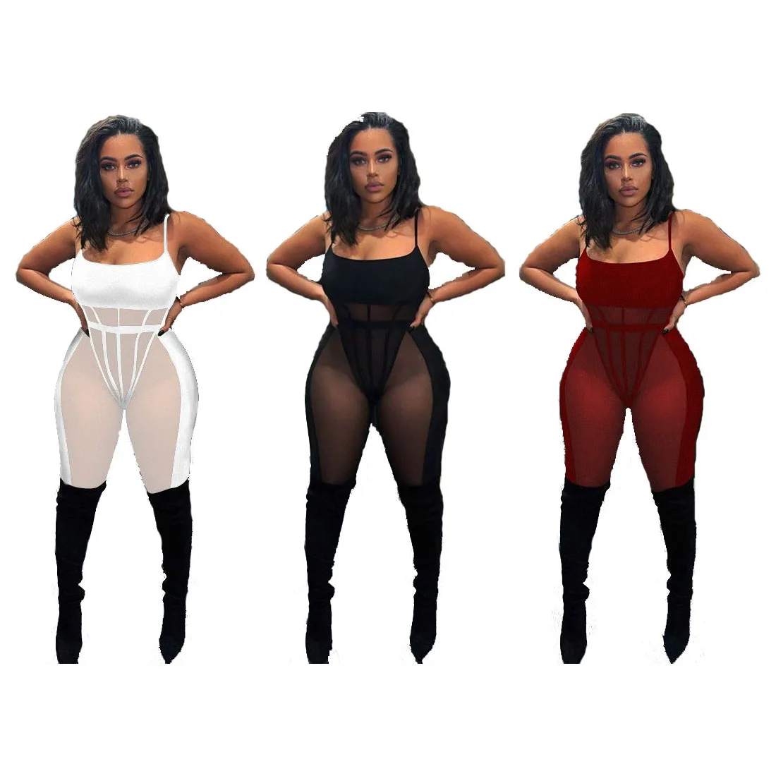 

Foma Clothing K20925S 2021 sleeveless perspective mesh jumpsuits tight pants ladies sexy two-piece sets for women, 3 colors