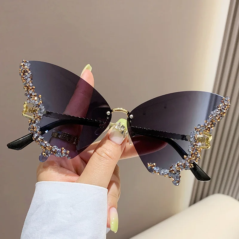 

2023 Rimless Luxury Diamond Butterfly Sun Glasses Lunette De Soleil Mode Shade Eyewear Rhinestone Sunglasses