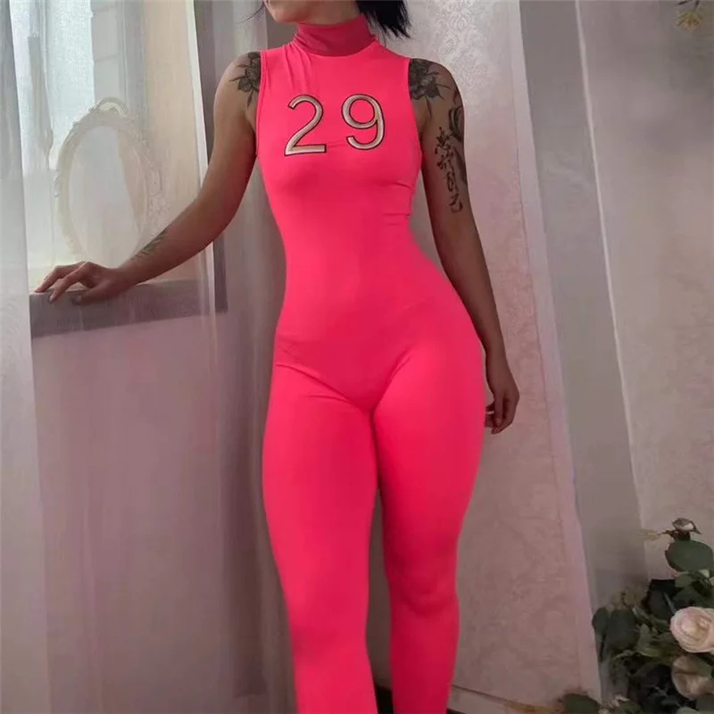 

2022 Hot Sale Letter Embroidery Jumpsuits Knitted Turtleneck Bodysuits For Women Solid Sleeveless Tight Rompers