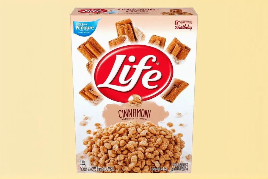Life Cinnamon Cereal box next to measuring cup showing serving size with nutritional information visible