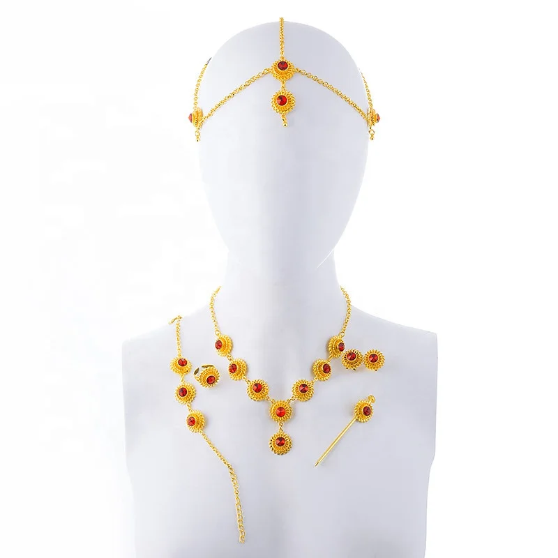 

Ethlyn Ethiopian Jewelry Set Necklace/Earring/Ring/Hair Piece/Hair Chain Bracelet Gold Plated African Bridal Eritrea Gift S184