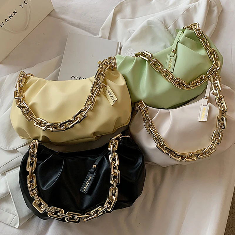 

Thick Chains Folds Dumping Bag Leather Designer Small PU Leather Armpit Bags Fashion Shoulder Ladies Handbags 2021