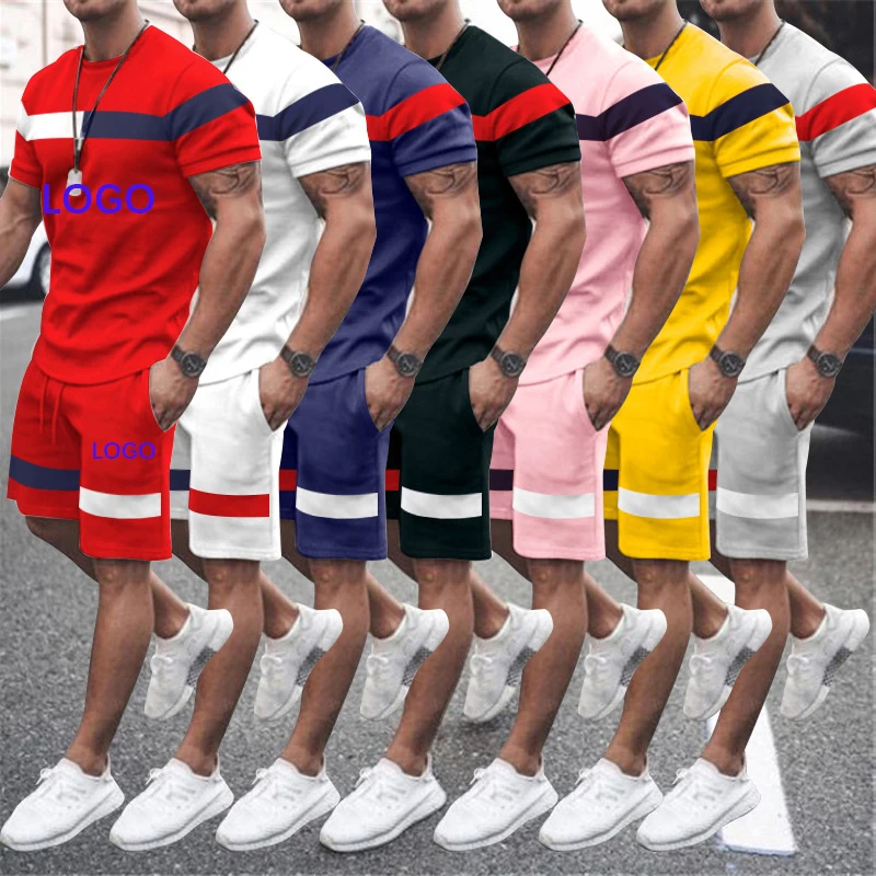 

Polyester Sport Gym T-shirt Shorts Set Patchwork Men Custom Logo New Casual Breathable Summer Short Set Tracksuit For men