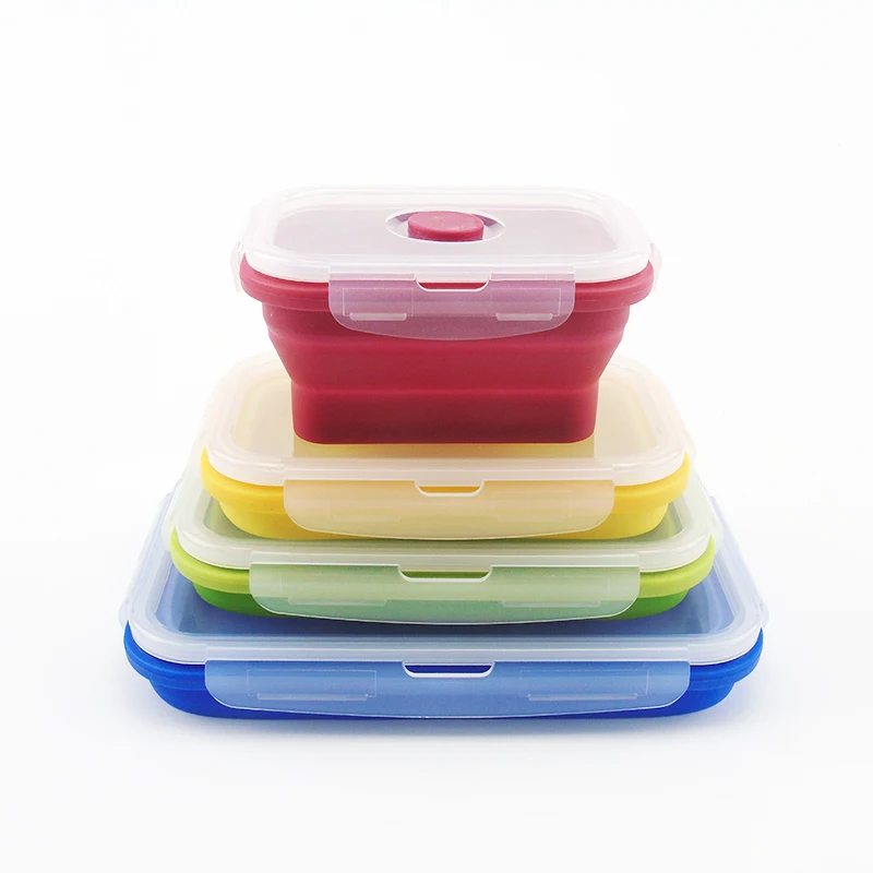 

Amazon Wholesale Food Grade Silicone Lunchbox Airtight Food Container Silicone Collapsible Silicone Folding Food Container, Red, yellow, green, blue