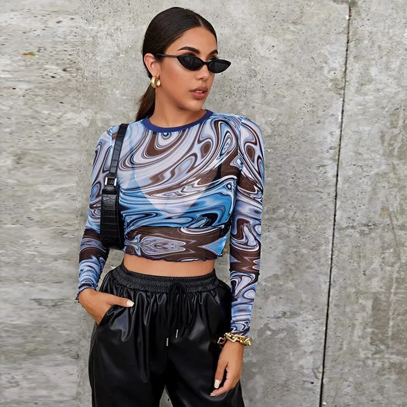 

LB1088 Custom Logo Women Long Sleeve Sheer Mesh Crop Top