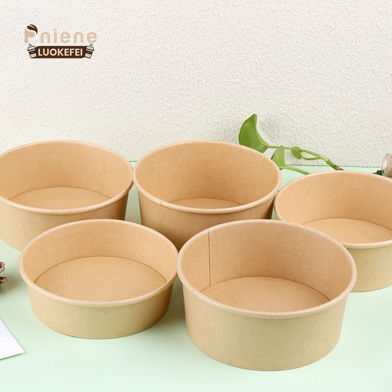 

Customization disposable salads bowl to go 100% Compostable round salad bowl, Kraft paper color