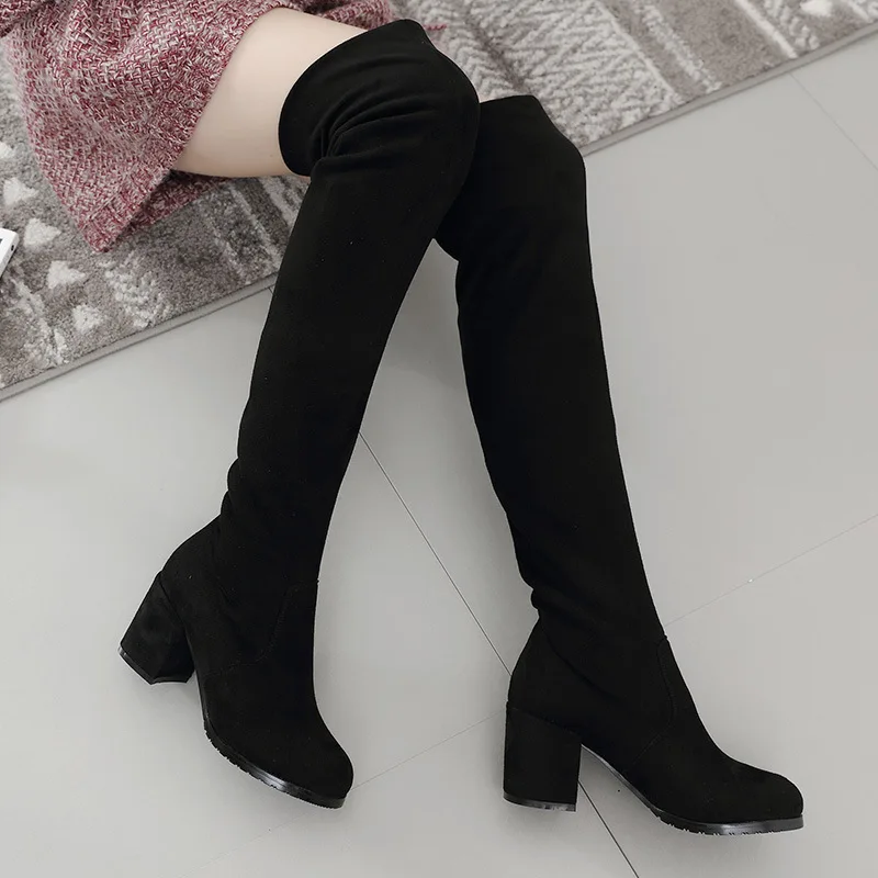 

Sexy Slim Fit Elastic Flock Over The Knee Boots Women shoes 2020 Autumn Winter ladies high heel overknee Long Thigh High boots, Different colors and support to customized