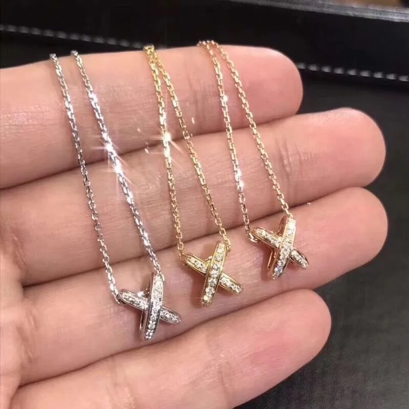 

Female White Zircon Pendant Necklace Rose Gold Silver Color Chain Necklaces For Women Cute Crystal Cross Wedding Necklace, Picture shows