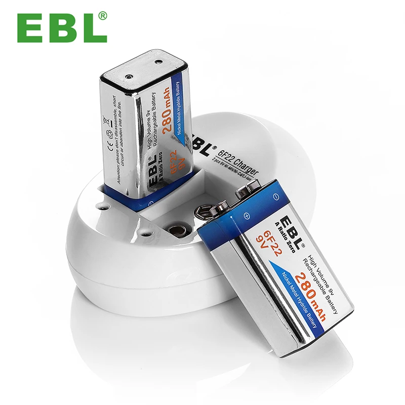 

EBL Smart 2PCS 600mAh 9V 6F22 Li-ion Rechargeable Batteries 9V 2 Slot Batteries Charger Combo