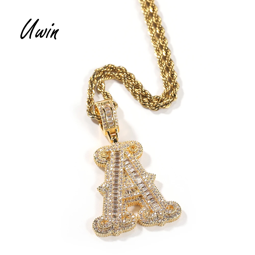 

UWIN Hip Hop Iced out A-Z Alphabet Initial letter Pendant Brass CZ Baguette Bling Necklace Rapper Charm Jewelry