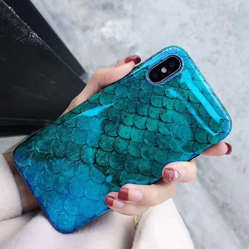 

Blu-Ray Phone Case For iPhone XS XR XS Max X 8 7 6 6S Plus Laser Blue Fish Scale Soft IMD Retro Phone Back Cover Cases