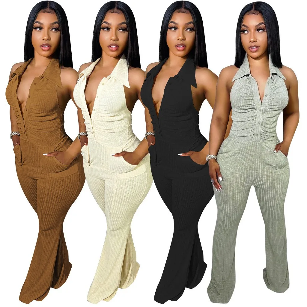 

New Arrivals v-Neck Button Women One Piece Pleated Jumpsuits Elegant Sexy Halter Backless Knitted Romper, As picture