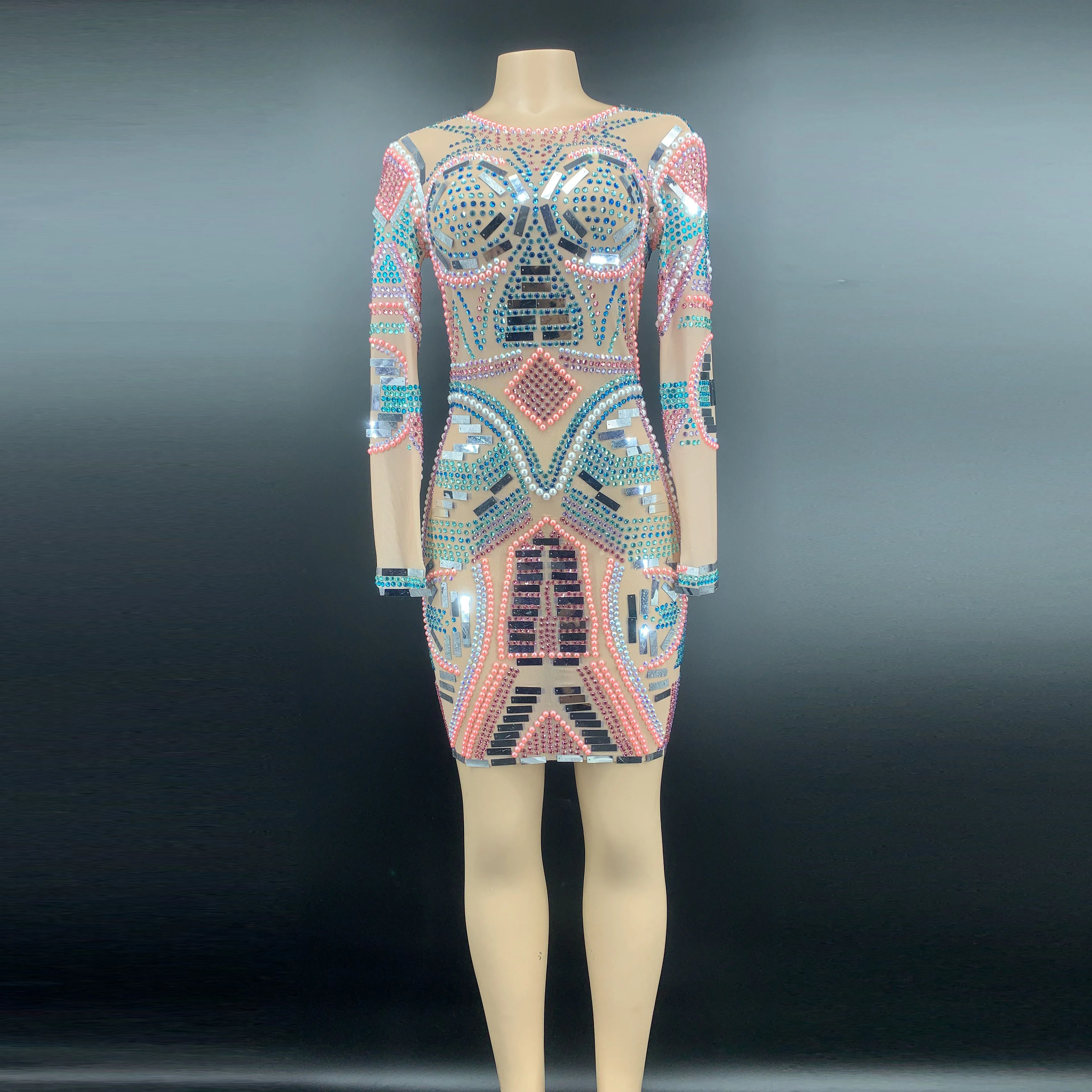

2020 NEW Women Multi-color Rhinestones Pearl Sequin Transparent Dress Long Sleeves Birthday Celebrate Outfit Dance Dress