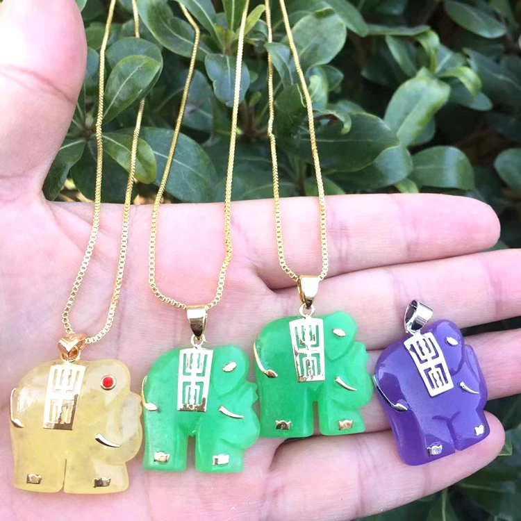 

jialin jewelry Charms Natural emerald Jade agate Stone yellow clear purple and green jade elephant pendant necklace