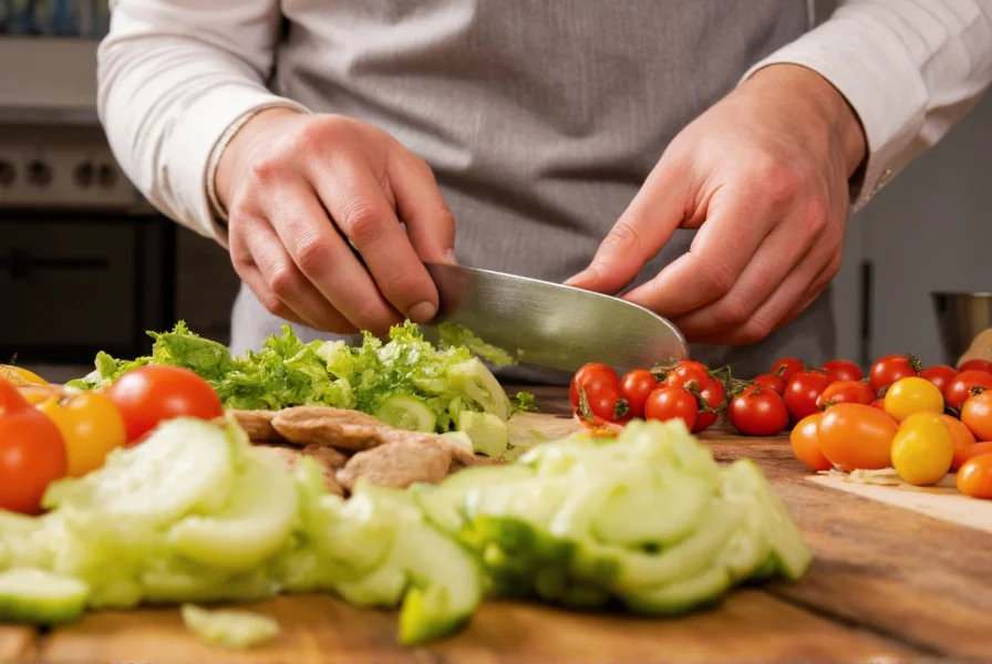 Close-up of hands preparing cucumber chili salad with fresh ingredients on wooden cutting board