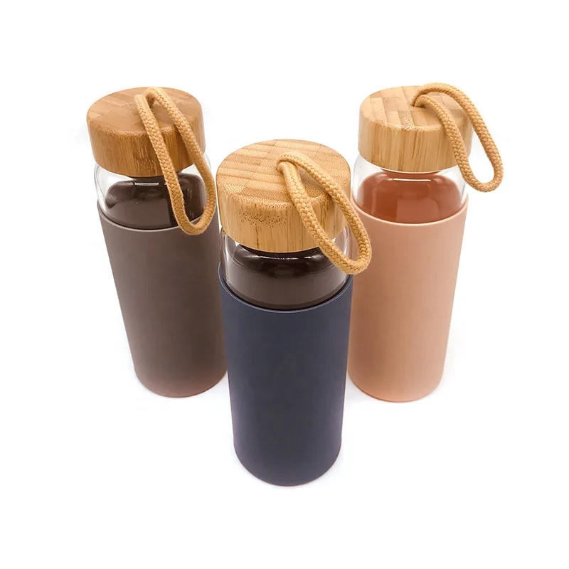 

460ML glass bottle water bottle with bamboo lid and handle string