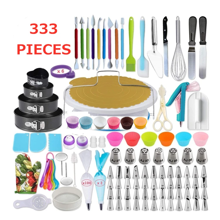 

Amazon Hot Selling Gift Box Of 333 pieces Baking Tools Springform Pan Turntable Piping Nozzles Cupcake Set Cake Decorating Tools