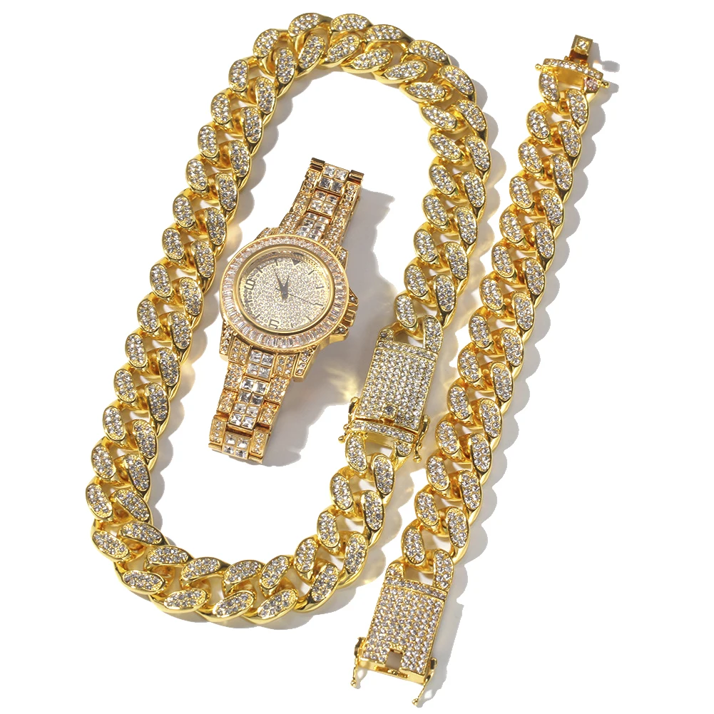

Hip Hop Mens Hot Selling Iced Out Watch And Bracelet Jewelry Necklace Set For Party