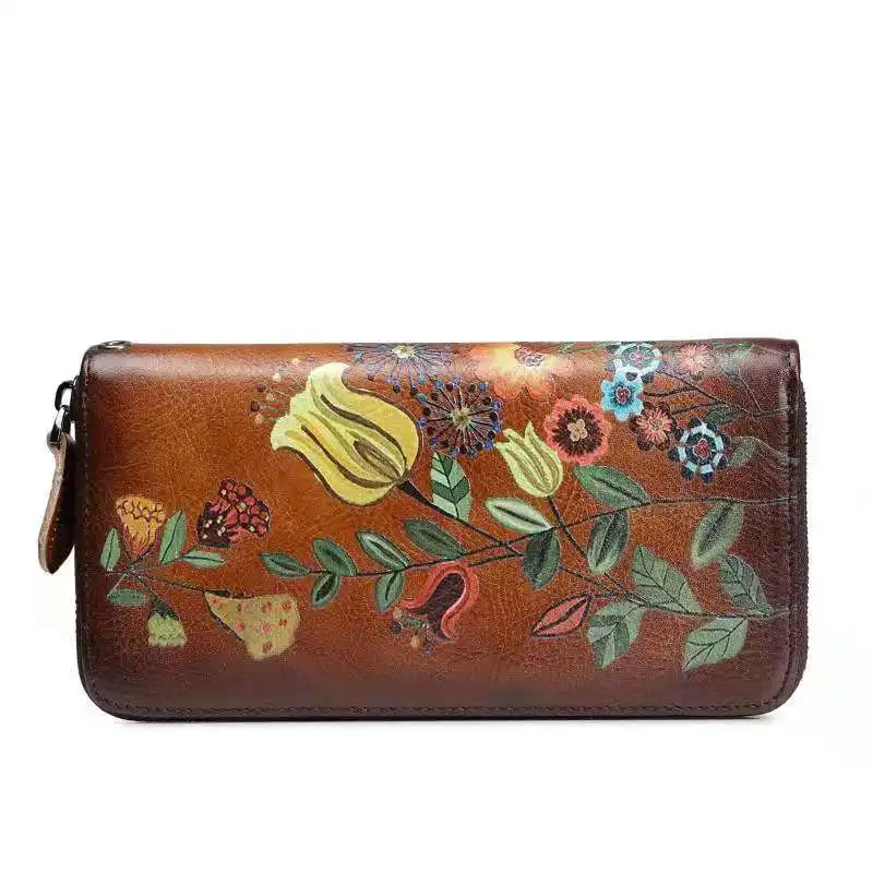 

Women's Wallet Genuine Leather Zip Around Wristlet Long Purse Vintage Embossing Cowhide Large Capacity Handmade Clutch Wallet, Customized color