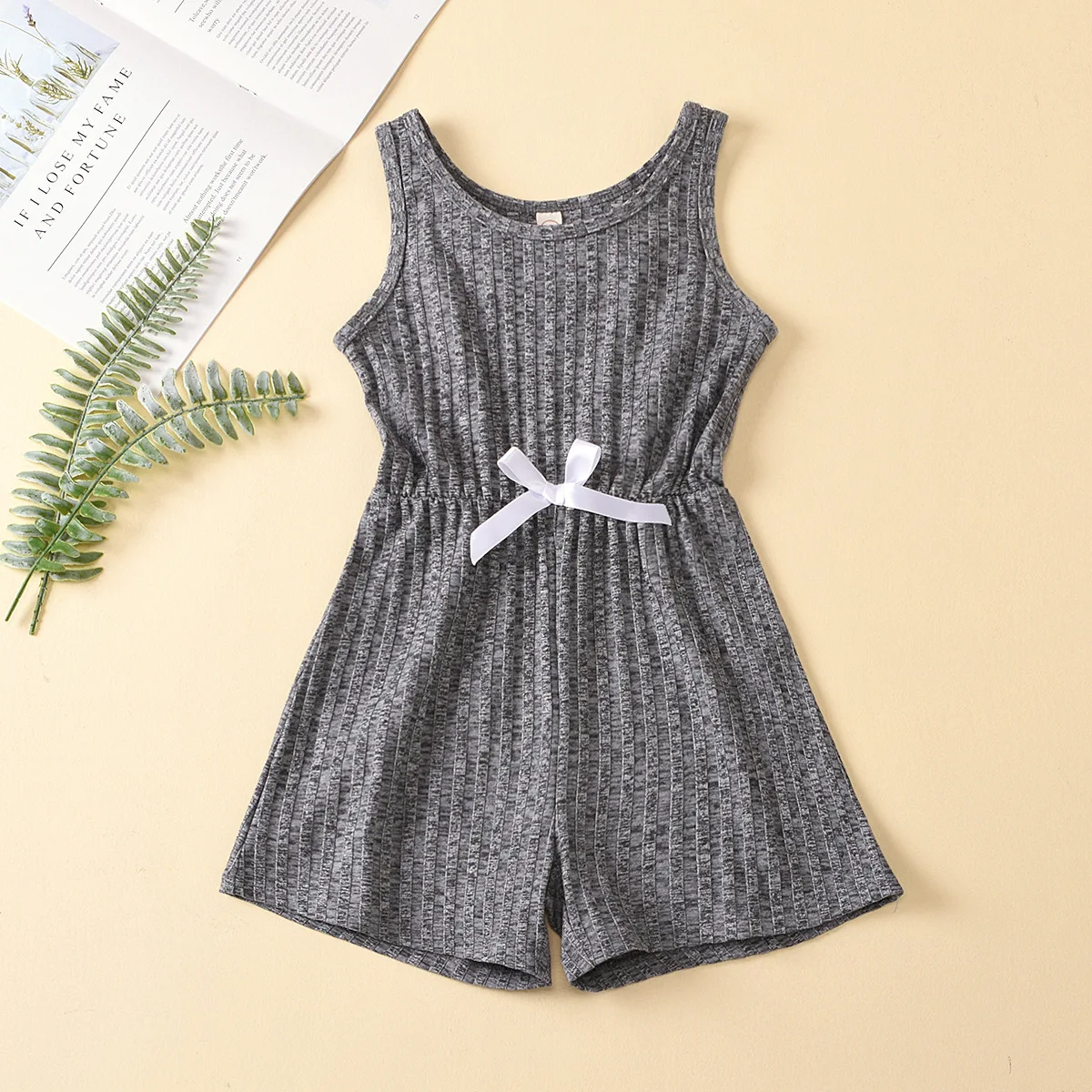 

New Girl Cotton Round Collar stripe Bowknot Decoration Sleeveless Jumpsuit