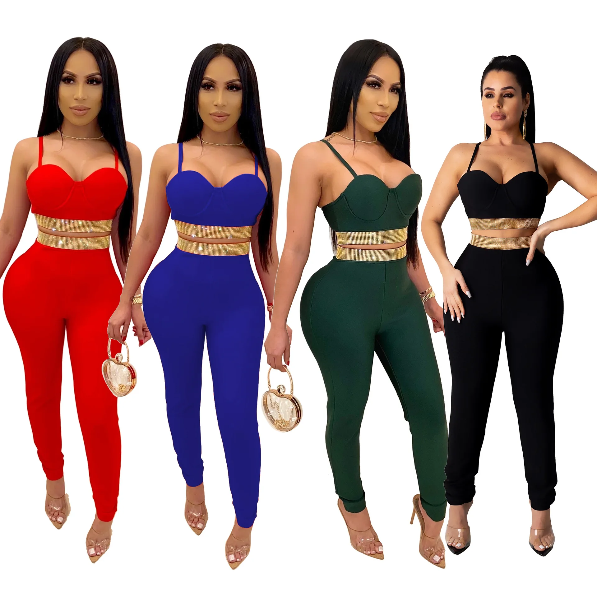 

M5325 ladies fashion bodycon pants and rhinestone crop top two piece set