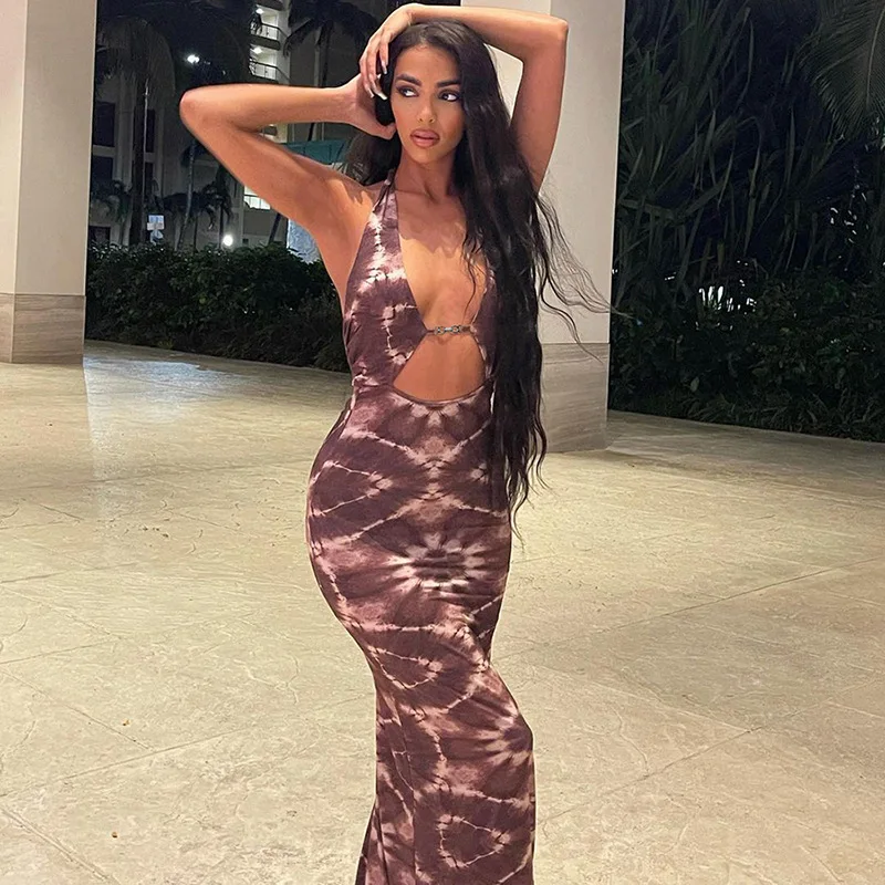 

Serpentine Print Sexy Halter Womens Dresses Backless Skinny Hollow Out Outfit Sleeveless Long Dress Elegant Club Wear B1428