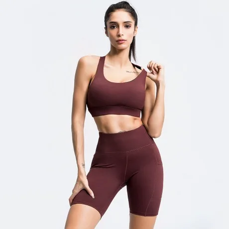 

High strength High waisted seamless pocket shorts and beautiful back sports bra yoga set Fitness suit yoga clothes set, 4 colors