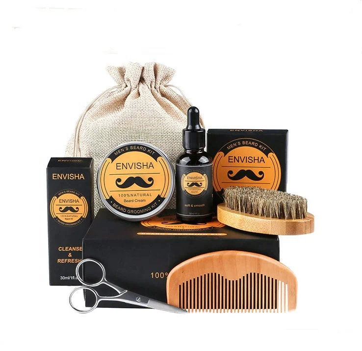 

Men Care 6pcs Organic Beard Balm Wax Beard Oil Beard Growth Organic Grooming Care Kit with Comb and Brush, Brown yellow