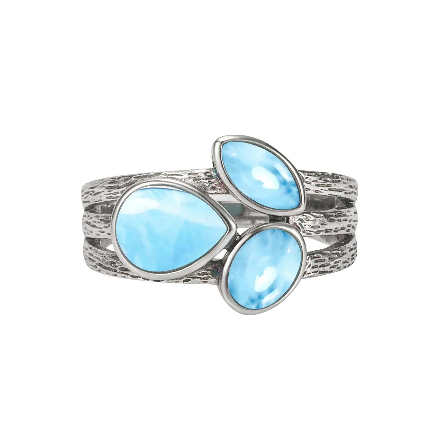 

Fashion S925 Sterling Silver Jewelry Natural Blue Rings Pear&Oval&Marquise Shape Bezel Genuine Larimar Triple Ring For Women