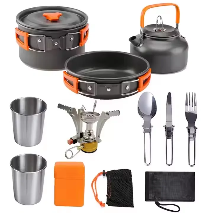 Camping Cookware Set with Stove Portable Camping Mess Kit with Pots /Pans  and Folding Fork for Outdoor/Camping/Hiking/Picnic