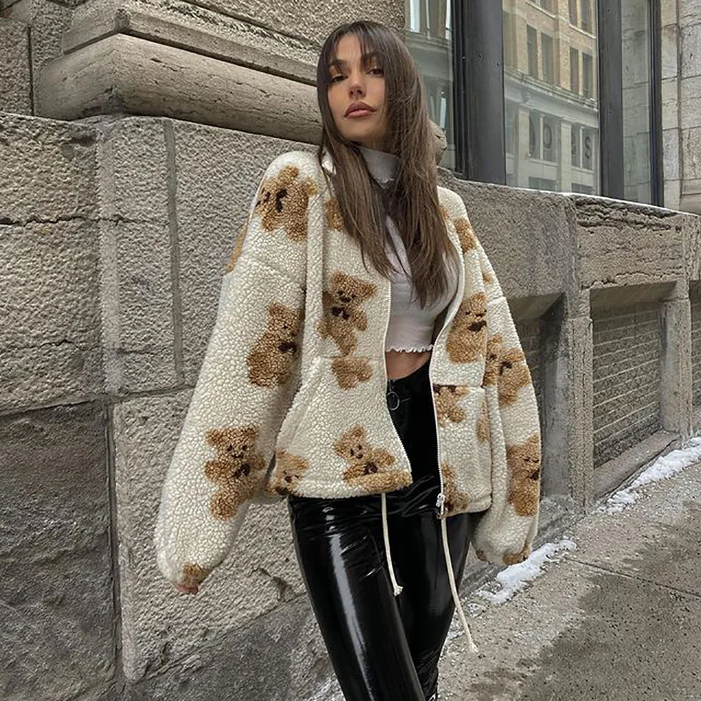 

New print bear lamb wool sweater coat women loose zipper pocket cardigan, Customized color