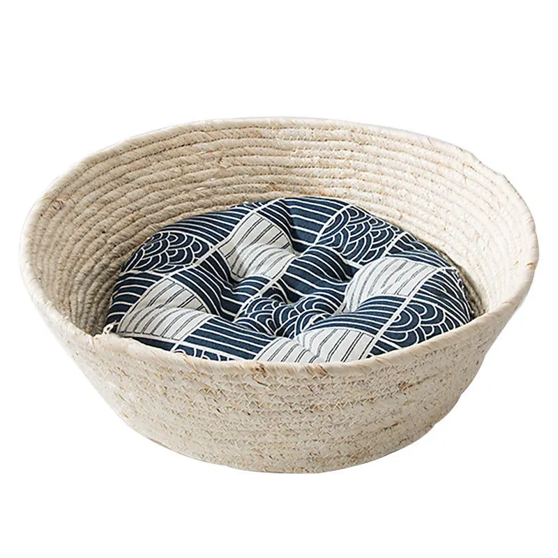 

Pet products 2021 wholesale rattan knitting cute nest summer cooling cat bed, White