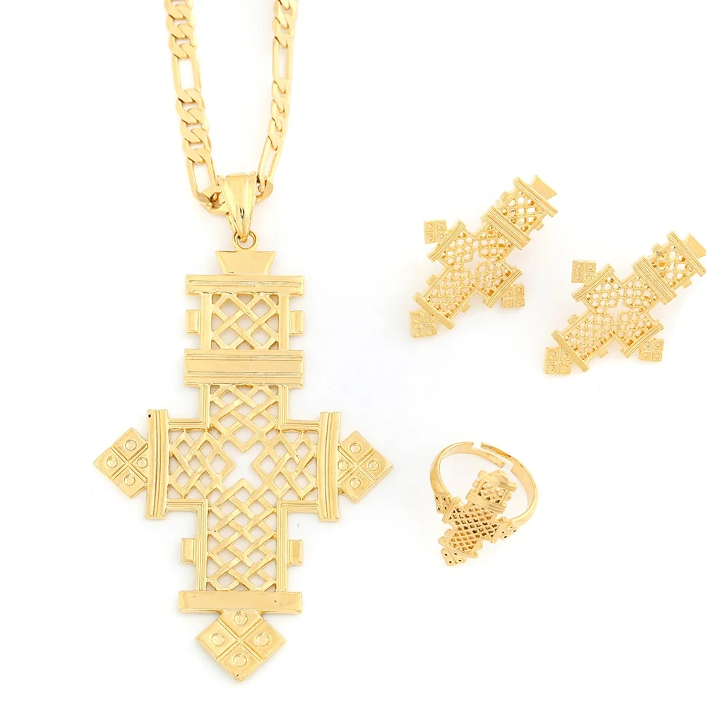 

Ethiopian Cross Pendant Necklace Earrings Ring Gold Color Coptic Crosses African Cross Jewelry Set