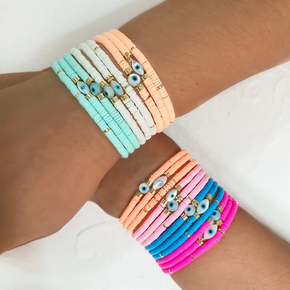 

B0071 elastic colorful natural shell eye bead bracelet women pink soft pottery disc stackable bracelets summer jewelry, Pink,blue,white,orange