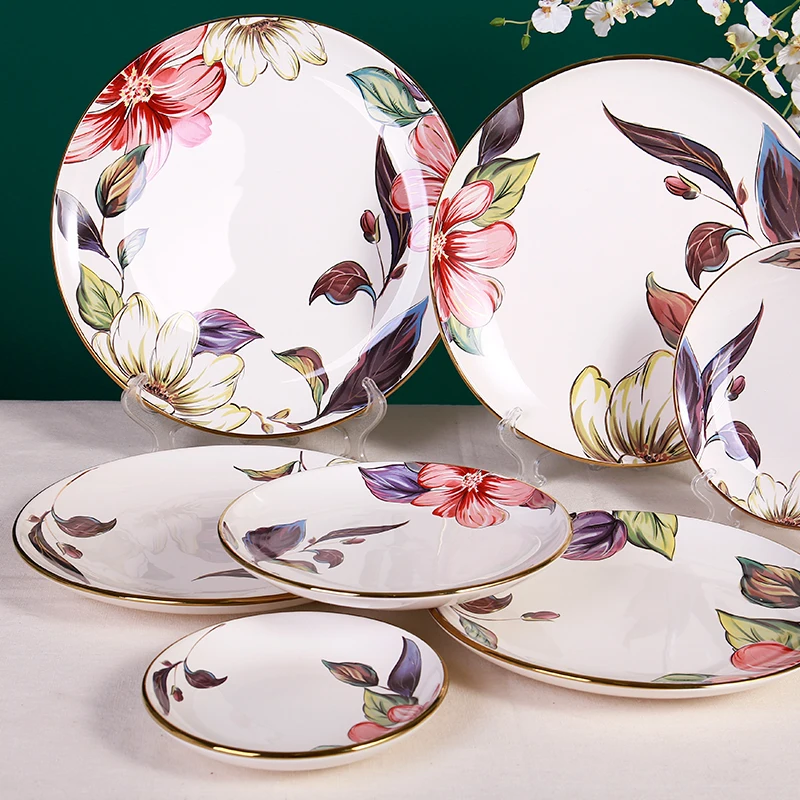 

bulk decal printed flower pattern wedding home decoration round porcelain dinner plate for gift, Coloful