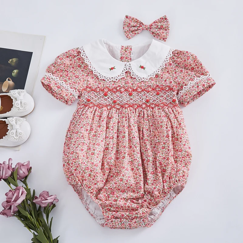 

Hot selling high quality floral embroidered hand smocked romper baby girl's clothes, As picture