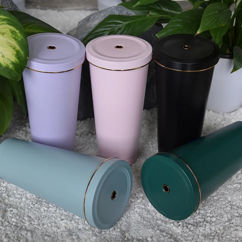 

Hot Sale Stainless Steel Tumbler Cups Double Wall Wine Coffee Mug 500ml 750ml Straw Tumbler With Metal Straw And Golden Line Lid, Customized colors acceptable