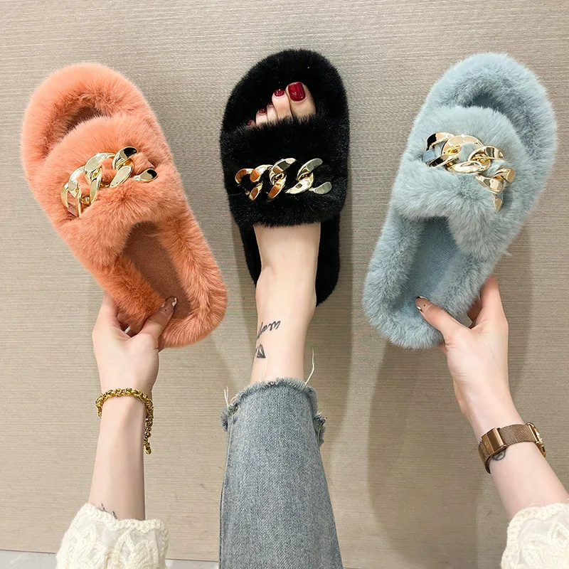 

Ladies Slippers Chain Faux Fur Slippers Indoor and Outdoor Women Fur Flat Warm Slippers