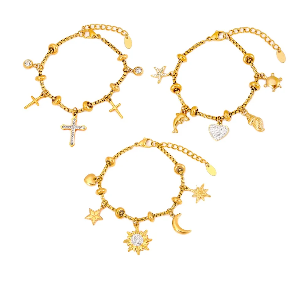 Fashion British Style Retro Box Chain Jewelry Multi-element Pendant with Diamond Inlay Couple Bracelet Stainless Steel Jewelry