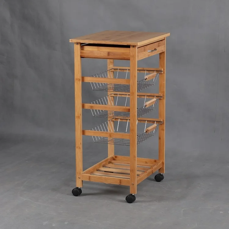 
Promotional home serving bamboo kitchen island trolley with wine rack and wheels 