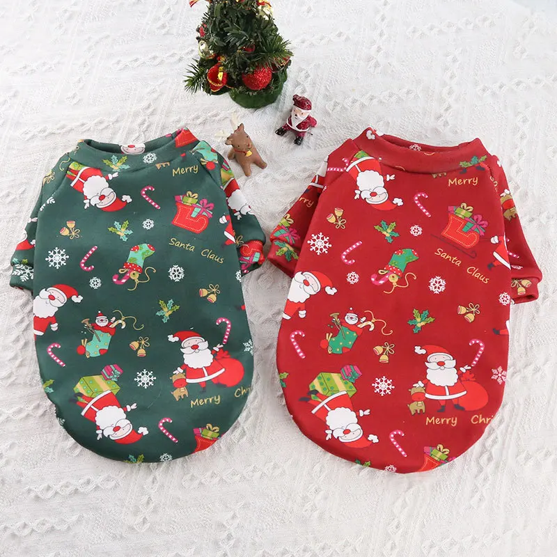 

Wholesale New XS-4XL Christmas Pet Clothes Cotton Dog Cat Fleece Hoodies with Snowman Printing Warm Dog Holiday Costume Clothes, Green/red