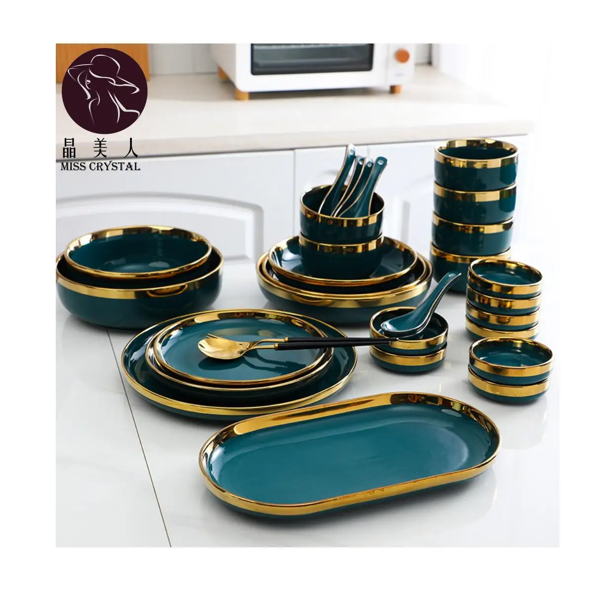 

Ceramic Dinner Plates Steak Food Dessert Plate Green Salad Soup Bowl Dinnerware Set Dishes Plates and Bowls Set for Family Hote, Green with gold rim